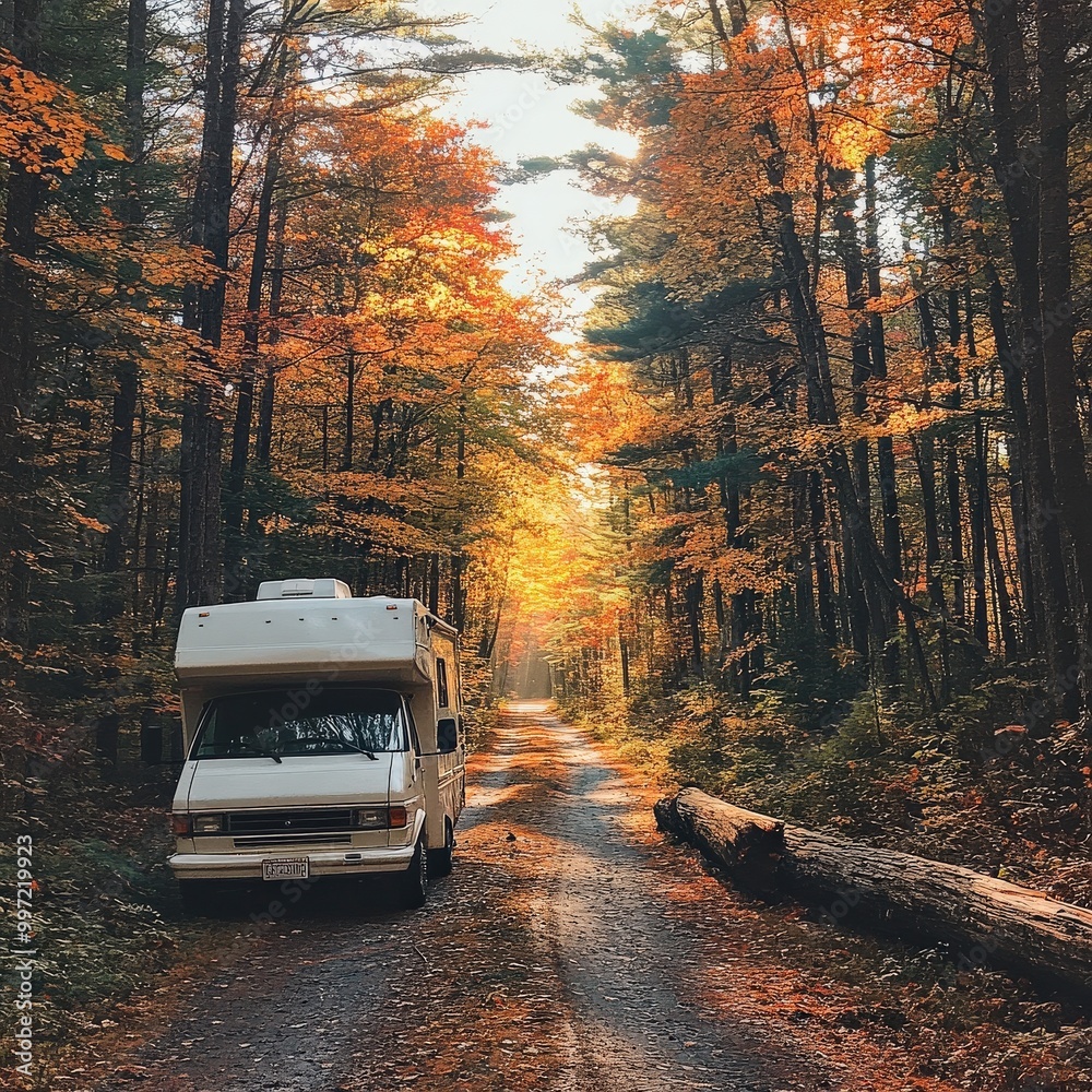 Obraz premium Travel trailer parked in an autumn forest surrounded by orange and yellow leaves