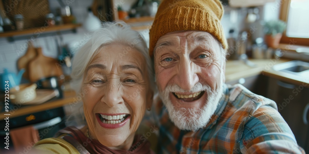Elderly couple joyfully cooking together in their kitchen, sharing smiles and laughter while preparing a meal, creating a loving and romantic atmosphere Elderly couple joyfully cooking together in their kitchen, sharing smiles and laughter while preparing a meal, creating a loving and romantic atmosphere