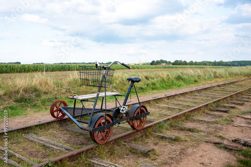 A single railway bike (draisine cycling) on the tracks in Klippan, Sweden