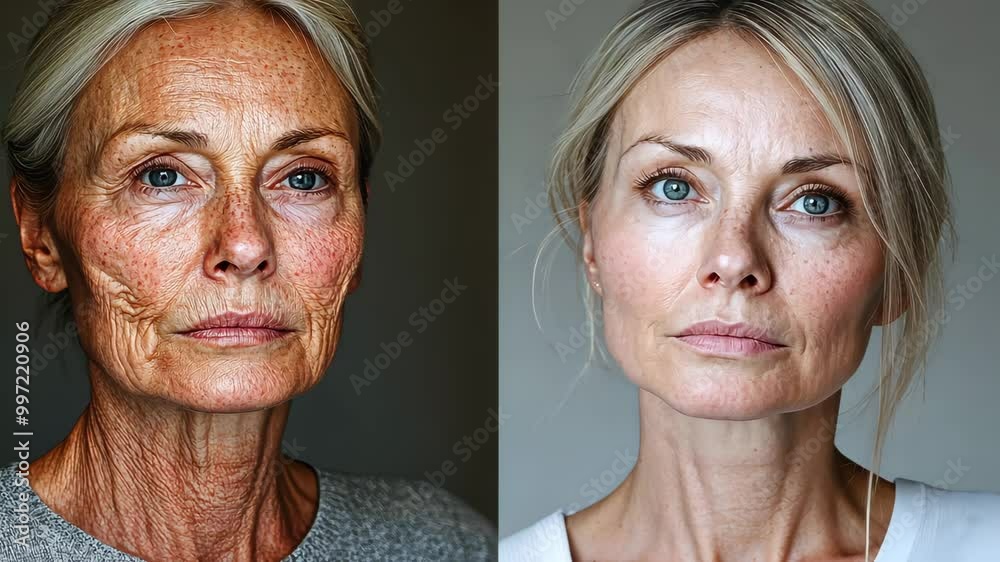 Before and after portrait of an older woman, showing natural aging and skin transformation.