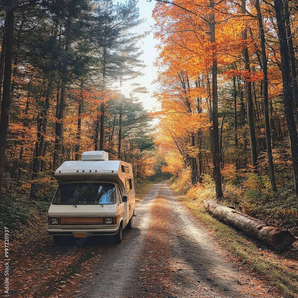 Travel trailer parked in an autumn forest surrounded by orange and yellow leaves Travel trailer parked in an autumn forest surrounded by orange and yellow leaves