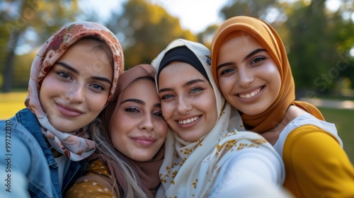 Group of friends enjoying a relaxing day outdoors in a park, taking a selfie together, and sharing moments on social media