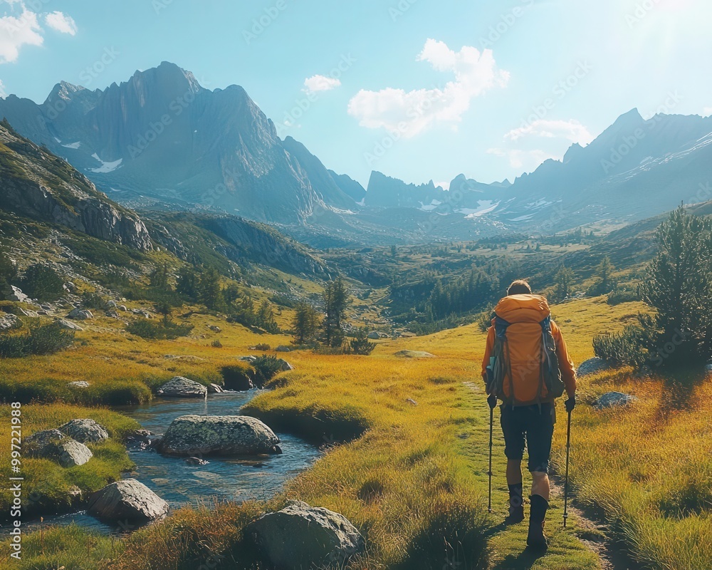 Obraz premium Backpacking adventure through rugged terrain, wide shot of mountains and valleys, sharp focus, vibrant colors