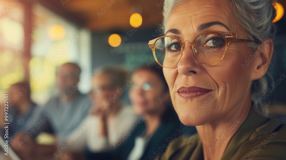 Senior businesswoman collaborating with team in a meeting, utilizing a tablet to strategize an advertising campaign and discuss sales growth and budget ideas
