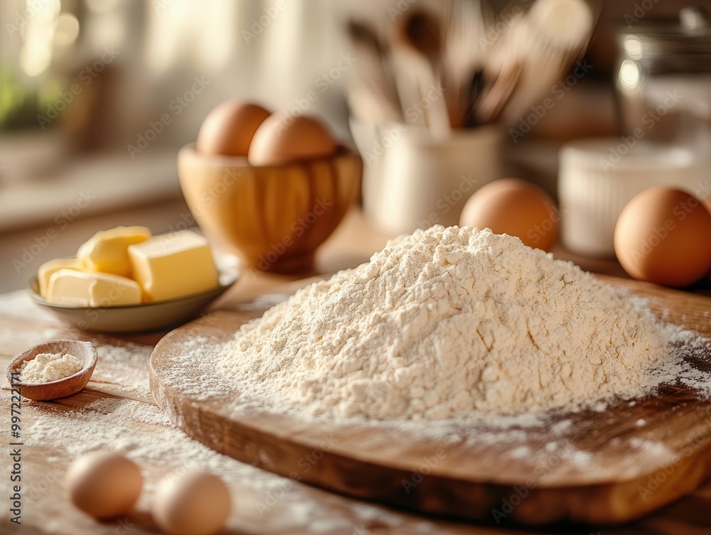 Baking ingredients including flour, eggs, and butter on a countertop, cozy kitchen, sharp focus, soft lighting Baking ingredients including flour, eggs, and butter on a countertop, cozy kitchen, sharp focus, soft lighting