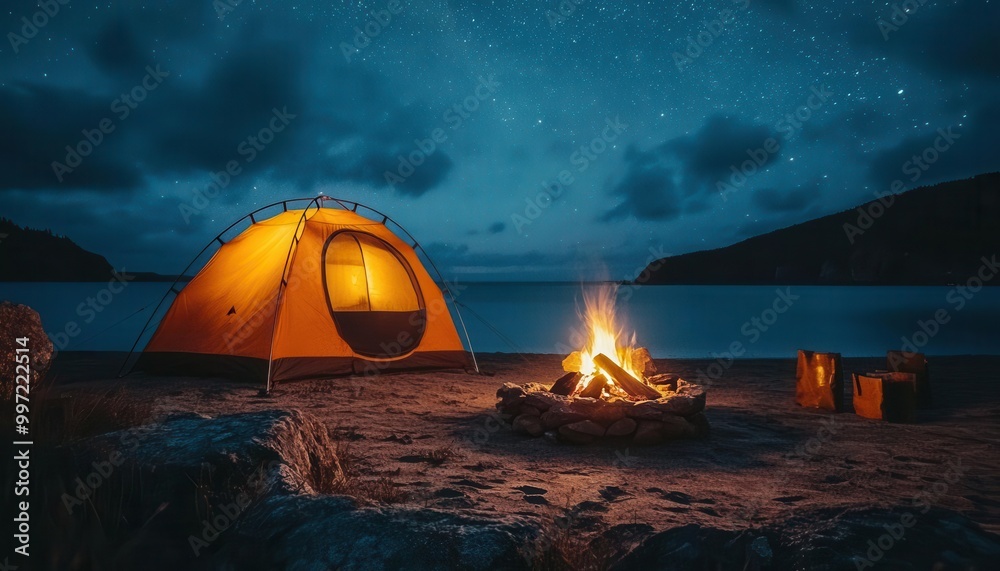 Camping trip with a tent, campfire, and starry sky, outdoor setting, sharp focus, warm lighting Camping trip with a tent, campfire, and starry sky, outdoor setting, sharp focus, warm lighting