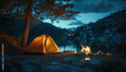 Camping trip with a tent, campfire, and starry sky, outdoor setting, sharp focus, warm lighting