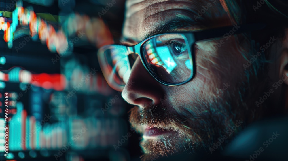 Detailed view of a market trader with a digital stock exchange overlay on a dark setting Detailed view of a market trader with a digital stock exchange overlay on a dark setting