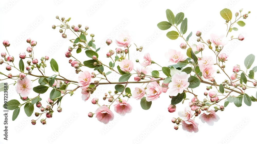 Fototapeta premium Delicate pink flowers on a branch with leaves.