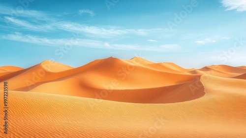 Desert landscape with sand dunes and a clear blue sky, wide shot, sharp focus, vibrant colors