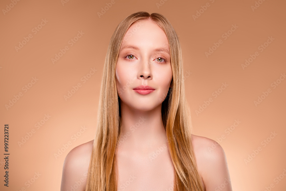 Photo of seductive shiny woman naked shoulders enjoying self acceptance isolated brown color background
