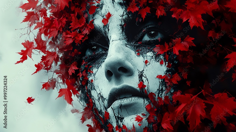 Woman's Face with Red Leaves: A Haunting Portrait Woman's Face with Red Leaves: A Haunting Portrait