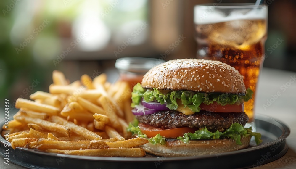Fast food meal with a burger, fries, and soda on a tray, casual setting, vibrant colors, sharp focus Fast food meal with a burger, fries, and soda on a tray, casual setting, vibrant colors, sharp focus