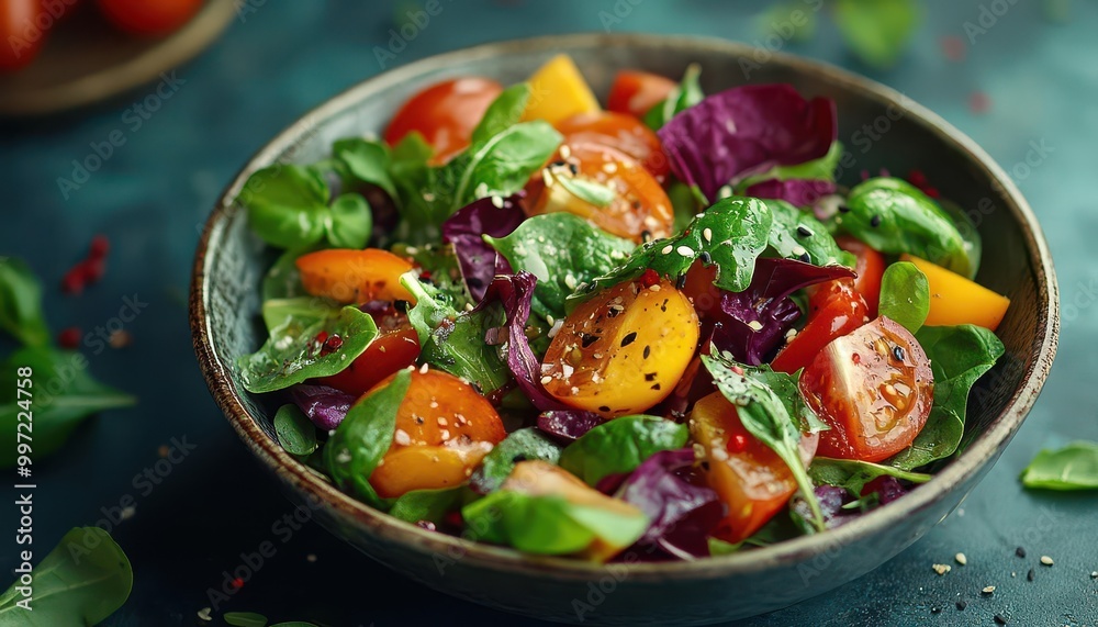 Food photography of a colorful salad on a rustic table, natural lighting, close-up, high detail Food photography of a colorful salad on a rustic table, natural lighting, close-up, high detail