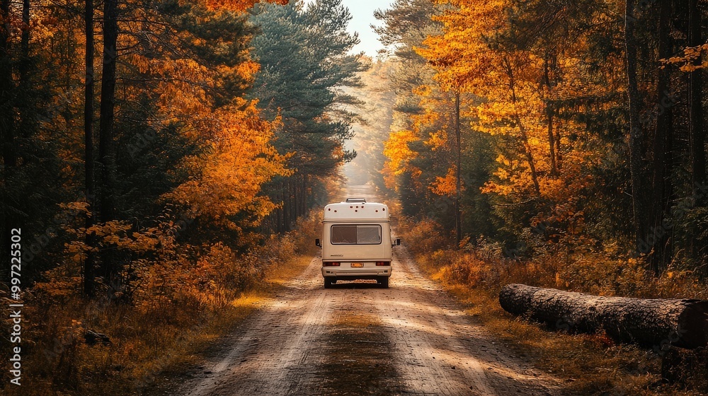 Travel trailer parked in an autumn forest surrounded by orange and yellow leaves Travel trailer parked in an autumn forest surrounded by orange and yellow leaves