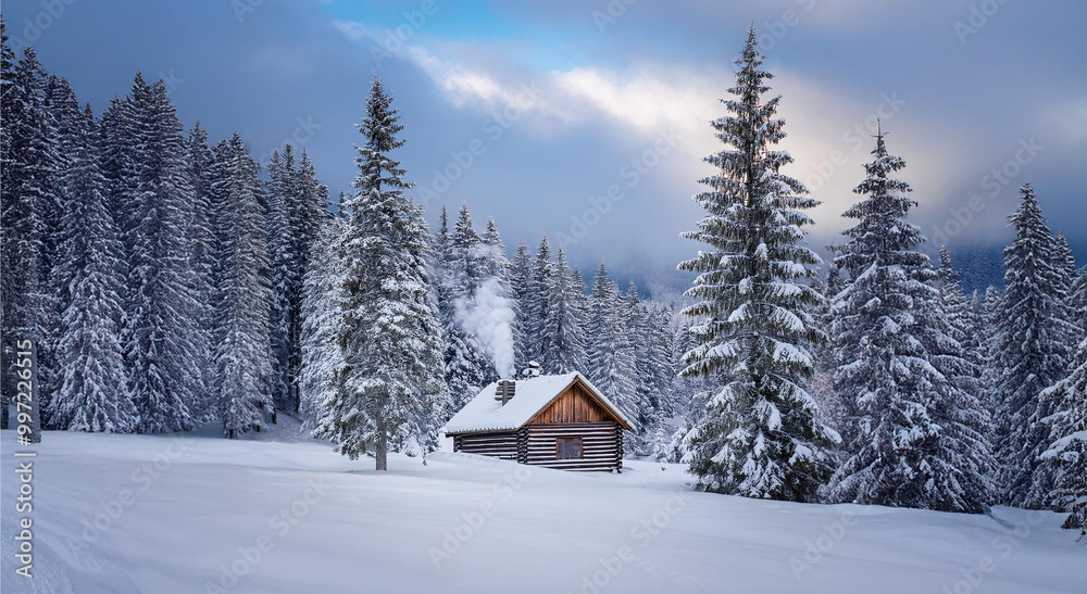Cabin in the mountains with snow and trees Cabin in the mountains with snow and trees