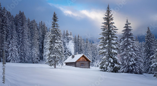 Cabin in the mountains with snow and trees