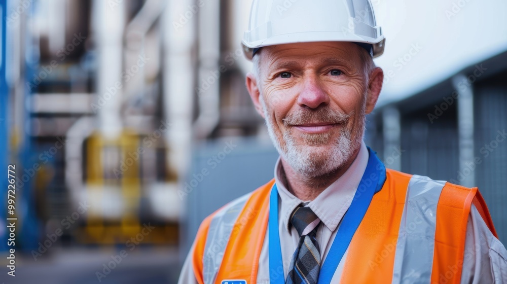 Confident middle-aged construction worker smiling with arms crossed, wearing a hard hat and reflective vest Confident middle-aged construction worker smiling with arms crossed, wearing a hard hat and reflective vest