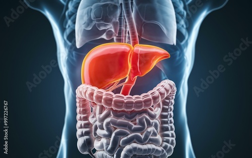 Human liver highlighted in red with the digestive system.