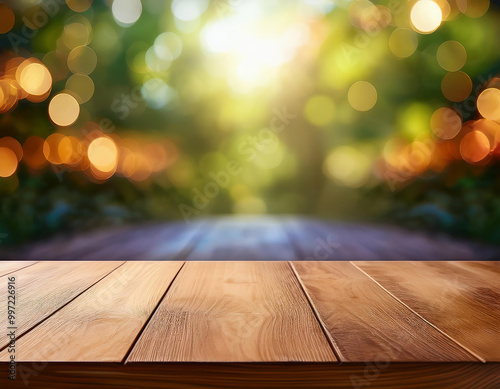 Empty Wooden desk for product montage in front of abstract bokeh nature background.