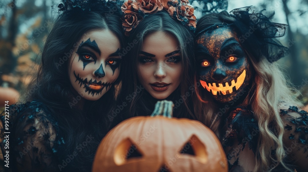 Girls Celebrating Halloween with Pumpkins and Costumes Girls Celebrating Halloween with Pumpkins and Costumes