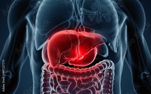 3D illustration of the human liver highlighted in red within the abdominal cavity.