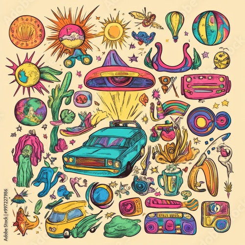 Colorful hand-drawn illustrations of a car, a UFO, and other summery objects against a yellow background.