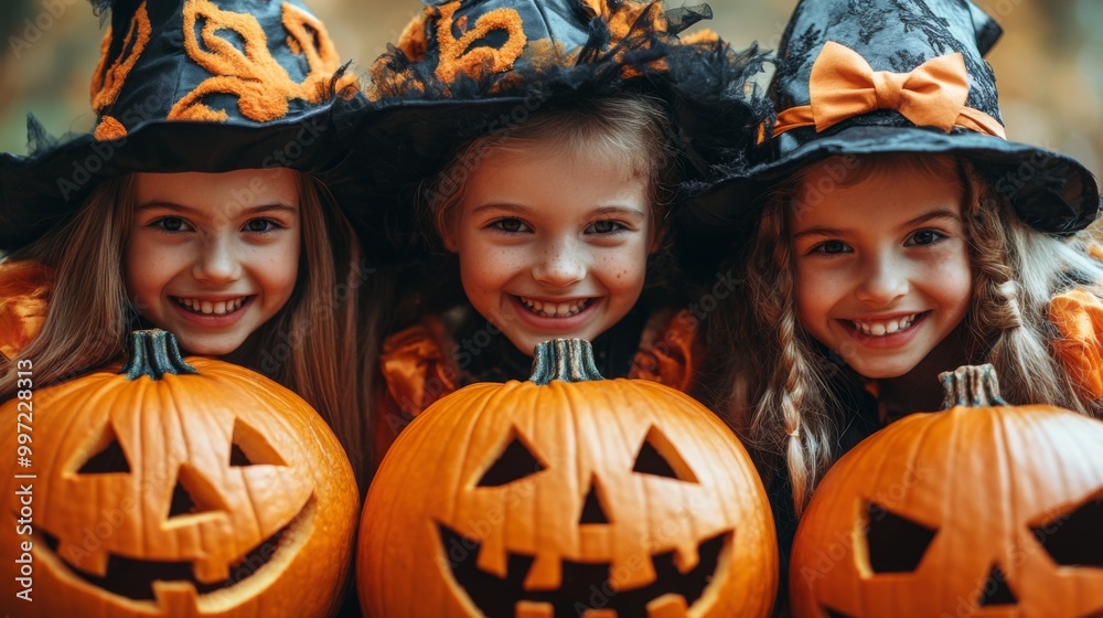 Girls Celebrating Halloween with Pumpkins and Costumes Girls Celebrating Halloween with Pumpkins and Costumes