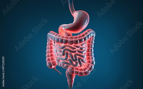 3D illustration of the human digestive system with glowing intestines.