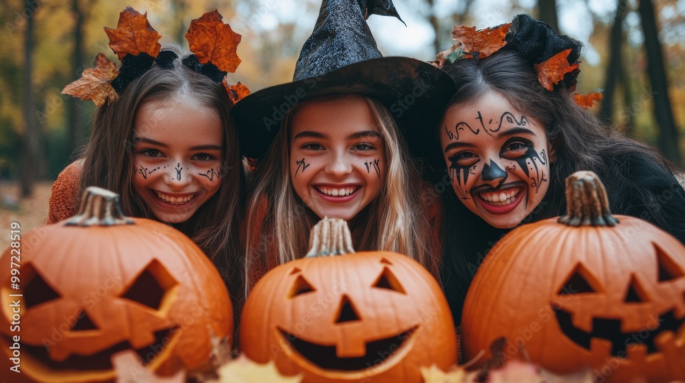 Girls Celebrating Halloween with Pumpkins and Costumes Girls Celebrating Halloween with Pumpkins and Costumes