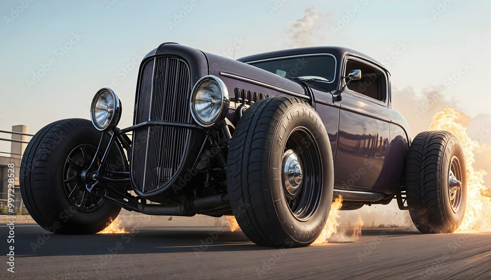 Beautiful unique vintage hot rod car parked in the street , automotive background, tuning template, auto transport
