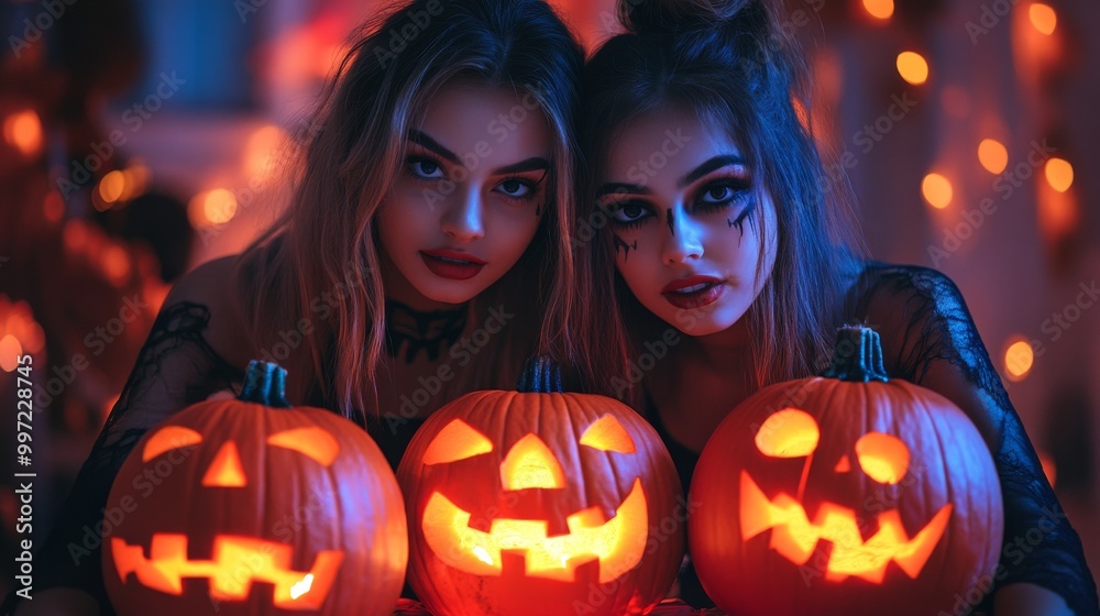 Girls Celebrating Halloween with Pumpkins and Costumes Girls Celebrating Halloween with Pumpkins and Costumes