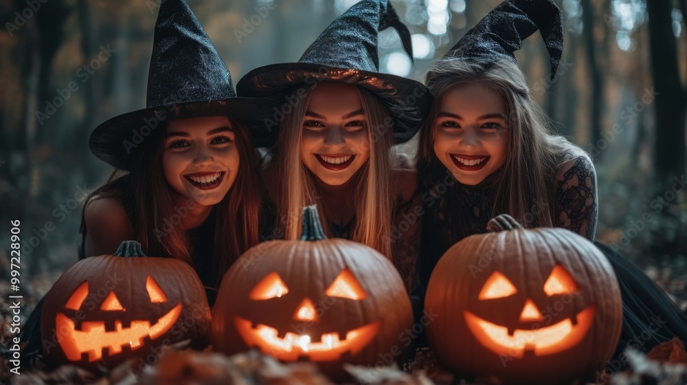 Girls Celebrating Halloween with Pumpkins and Costumes Girls Celebrating Halloween with Pumpkins and Costumes