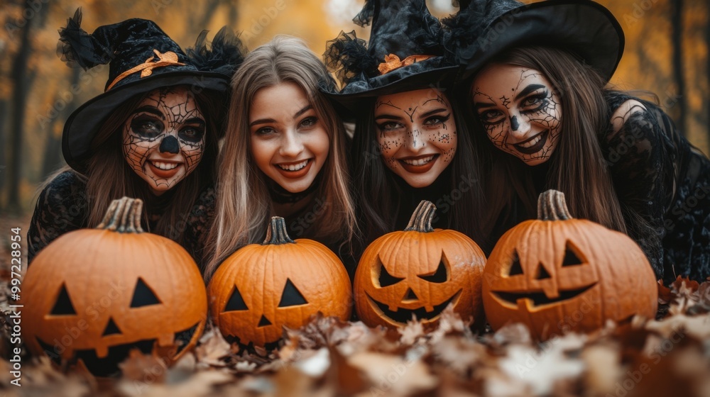 Girls Celebrating Halloween with Pumpkins and Costumes Girls Celebrating Halloween with Pumpkins and Costumes