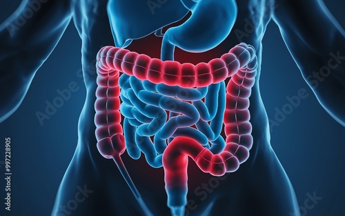 3D medical illustration of human digestive system with highlighted large intestine. photo