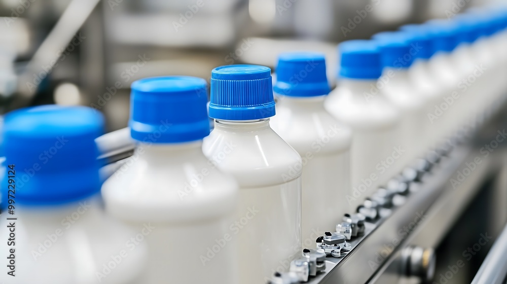 Milk Bottles Lined Up with Blue Caps on the Production Line, With Focus on One Empty Bottle, Highlighting the Modern Technology and Clean Environment in Industrial Food Packaging Milk Bottles Lined Up with Blue Caps on the Production Line, With Focus on One Empty Bottle, Highlighting the Modern Technology and Clean Environment in Industrial Food Packaging