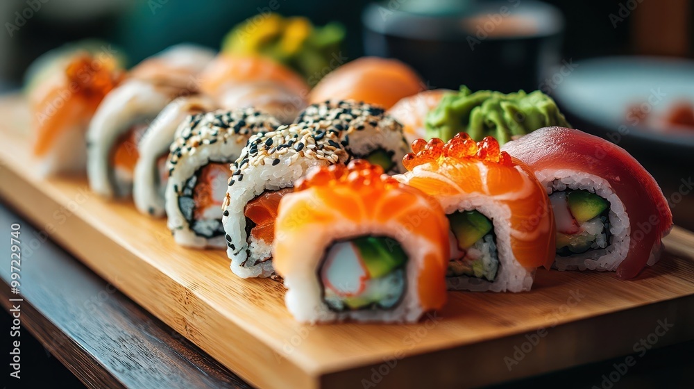 Sushi platter with assorted rolls and sashimi, served on a wooden board, sharp focus, bright lighting, high detail Sushi platter with assorted rolls and sashimi, served on a wooden board, sharp focus, bright lighting, high detail