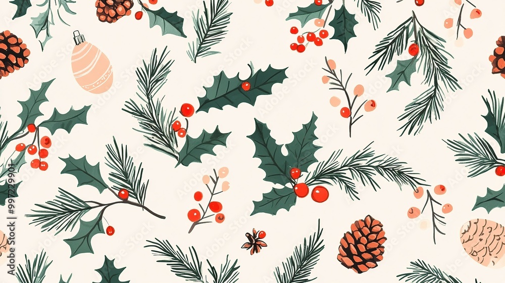 Obraz premium Festive pattern with holly, pine, and ornaments.