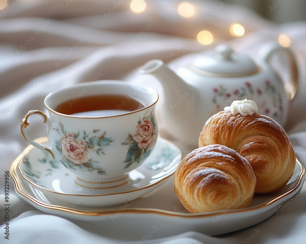 Tea time with a teapot, teacup, and pastries on a delicate tray, elegant setting, soft lighting, sharp focus Tea time with a teapot, teacup, and pastries on a delicate tray, elegant setting, soft lighting, sharp focus