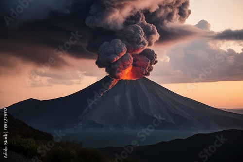 Volcanic Eruption Ash Clouds and Dark Mountain Silhouette photo