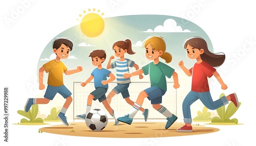group of kids playing soccer on a sunny day flat design 