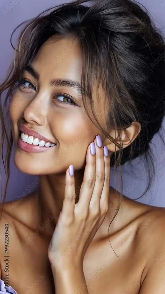 Smiling woman with radiant skin touching her face, promoting natural beauty and skincare. Smiling woman with radiant skin touching her face, promoting natural beauty and skincare.