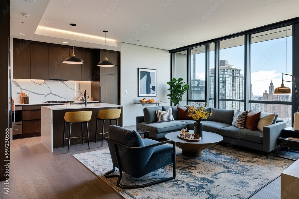 Fototapeta premium Modern Urban Apartment Design Featuring a Gourmet Kitchen and Spacious Living Room