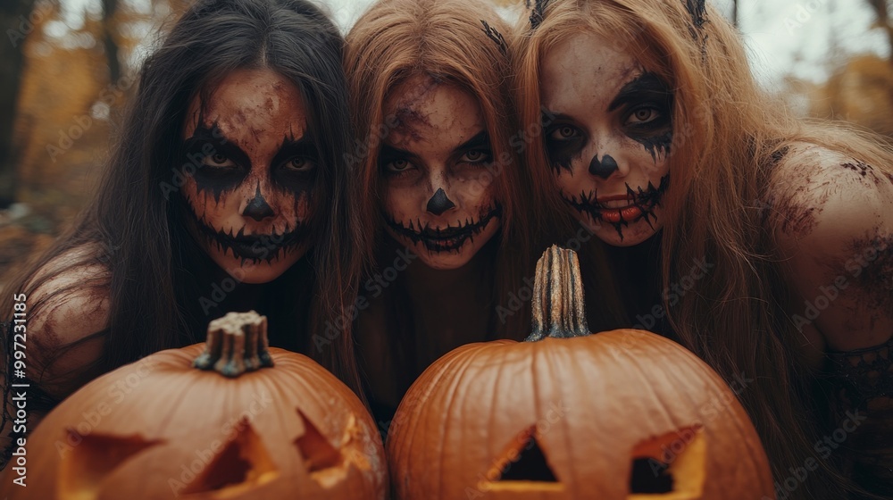 Girls Celebrating Halloween with Pumpkins and Costumes Girls Celebrating Halloween with Pumpkins and Costumes