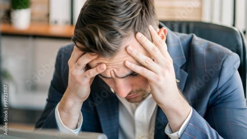 Wallpaper Mural Frustrated Man with Migraine Holding His Head in Pain at Workplace – Office Worker Torontodigital.ca