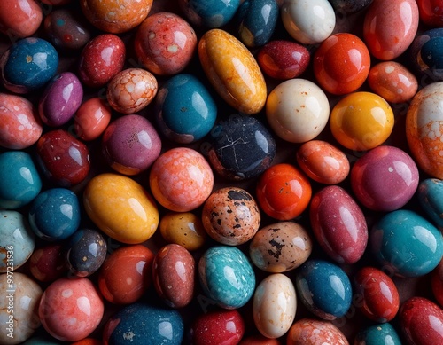 A vibrant collection of colorful round stones creating a visually captivating background. Each stone showcases unique hues and textures, blending together to form a harmonious, nature-inspired pattern