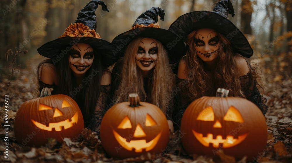Girls Celebrating Halloween with Pumpkins and Costumes Girls Celebrating Halloween with Pumpkins and Costumes