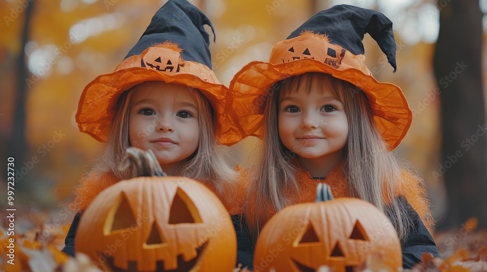Fototapeta premium Girls Celebrating Halloween with Pumpkins and Costumes