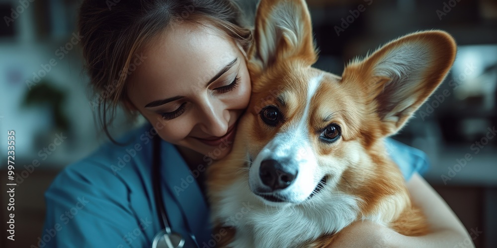 Smiling vet playing with Corgi dog in a veterinary clinic Smiling vet playing with Corgi dog in a veterinary clinic