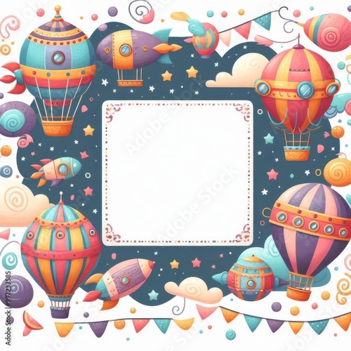 Creative frame with flying machines in children style. Airships, zeppelins, balloons